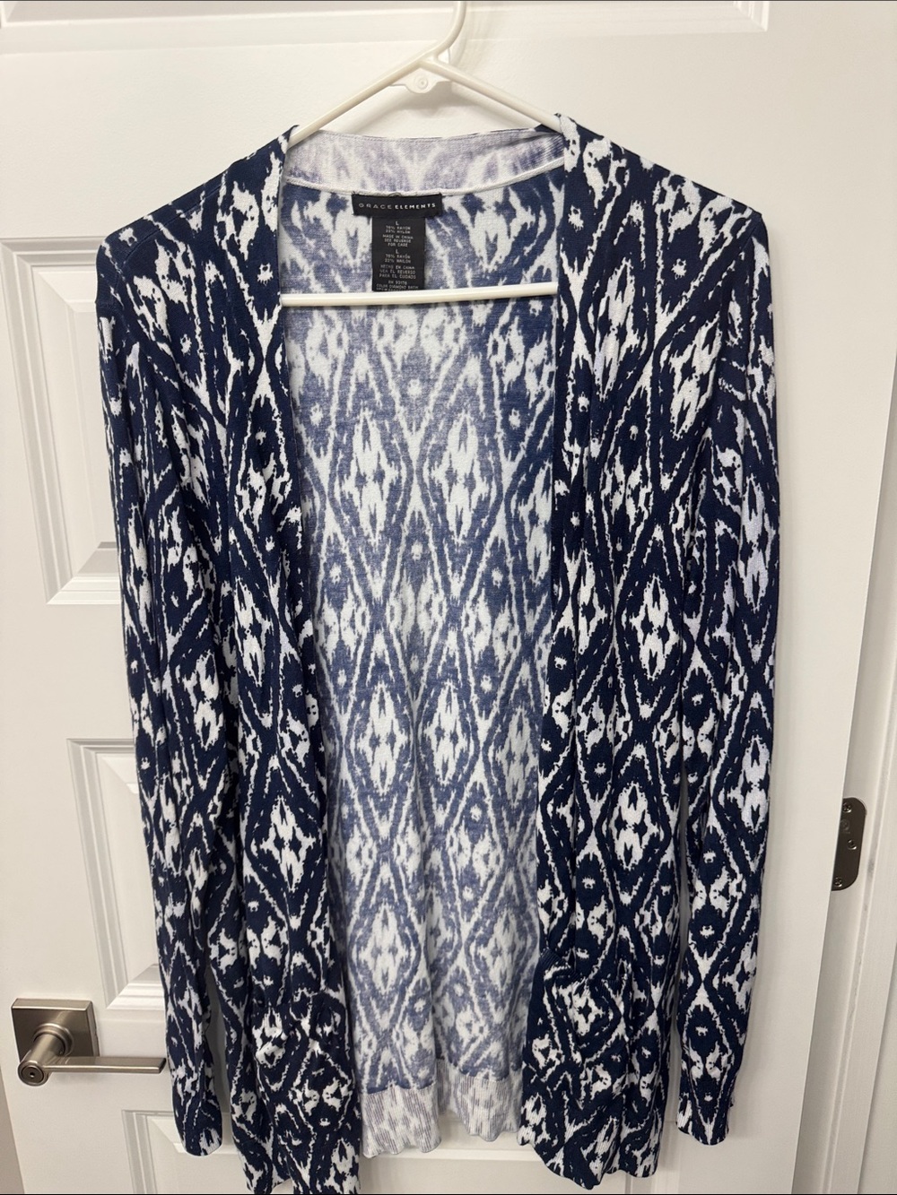 Grace Elements Navy & White Open-Front Geometric Cardigan